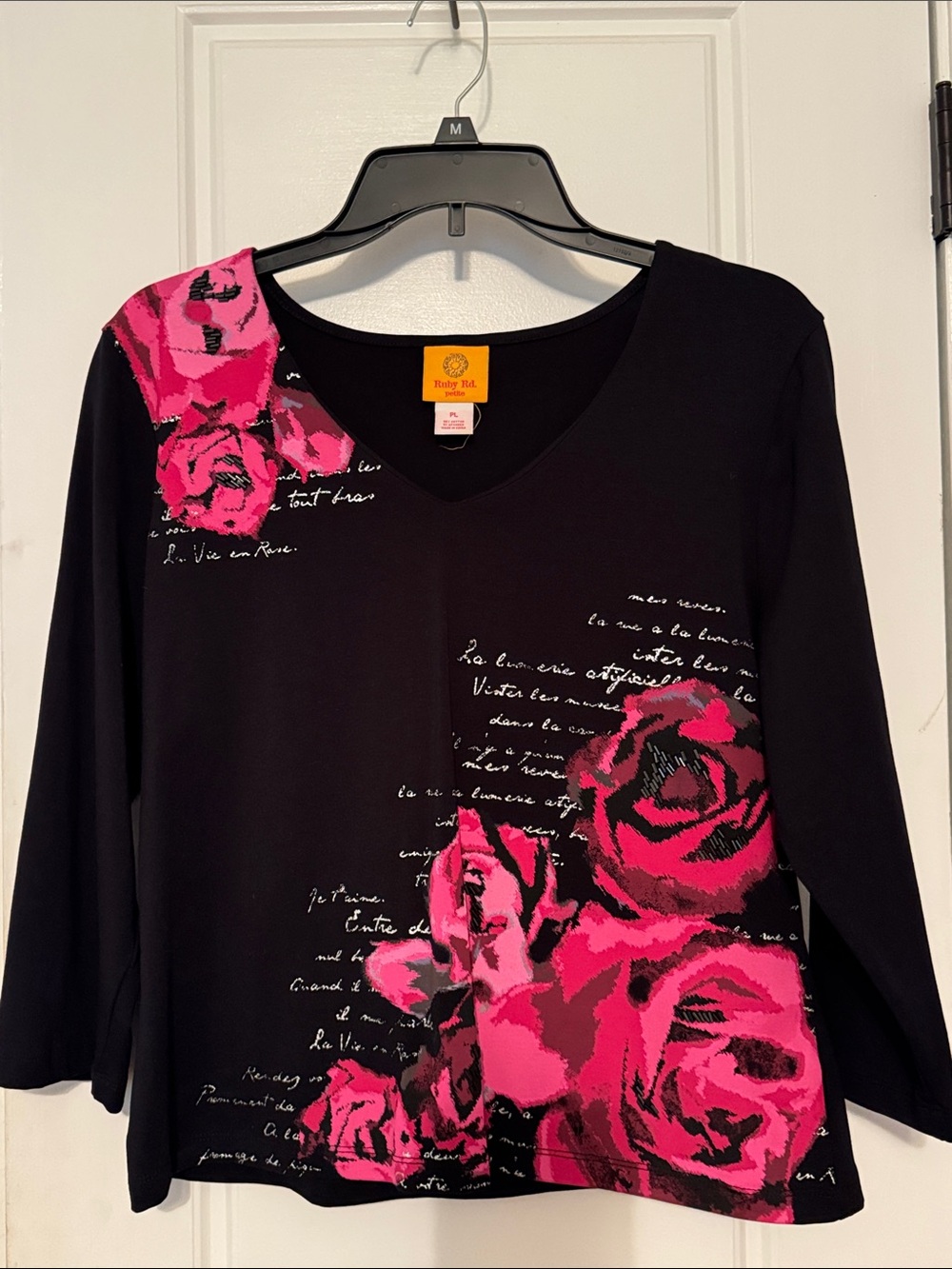 Ruby Rd. Black Long Sleeve V-Neck Top with Hot Pink Rose Print